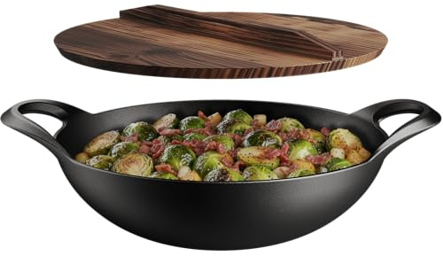 Bakken Pre-Seasoned Cast Iron Wok with Wooden Lid, 14 Stir Fry Pan for Gas, Electric, Induction & Open Fir, Heavy-Duty Flat Bottom Wok with Dual Handles for Even Heating & High-Heat Cooking, 8.8 lbs