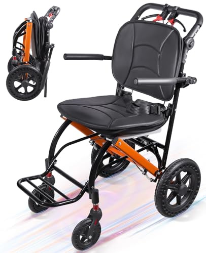 Wheelchairs for Adults, Transport Wheelchair Lightweight Foldable, Portable Transport Ergonimic Travel Chair with Multi-Angle Adjustable Push Handles, Gifts for People with Mobility Challenges（Orange）