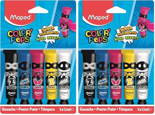 Maped - Peinture Gouache Enfant - 5 Couleurs Intenses Super Pigmentées - Facile à Ouvrir - Bouchon vissé - Couleurs Primaires - 5 Tubes de 12 ml, cyan, magenta, jaune, noir et blanc (Lot de 2)