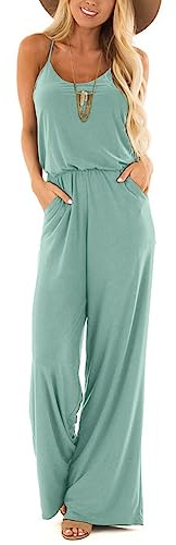 LEEDYA Womens Casual Jumpsuits Loose Overalls Summer Sleeveless Stretchy Wide Leg Long Pants Romper with Pockets Blue S