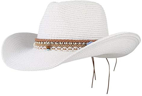Sonnenhut Damen Strohhut Faltbar Sommer Hut Breite krempe Strandhut Cowboyhut (Weiß)