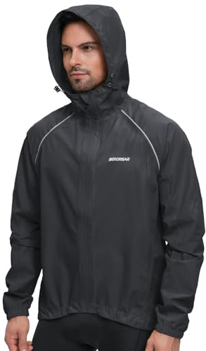 BERGRISAR Giacca Ciclismo e Running Antivento Impermeabile Leggera Uomo con Cappuccio, Antipioggia per Bici Mtb Nero M
