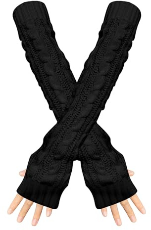 Feelorna Arm Sleeve Winter Warmer, Fingerless Stretchy Gloves Knitted Long Arm Warmers with Thumb Hole for Women (Black)