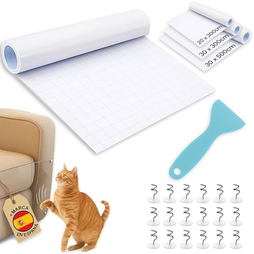 PEPPER® Protector Sofa Gatos Arañazo 30 x 300cm + 20 Pines de Tapiceria y Espátula Adhesiva para Facilitar su Instalación. Alfombra Rascadora para Gatos | Protector Muebles y Puertas Antiarañazos.