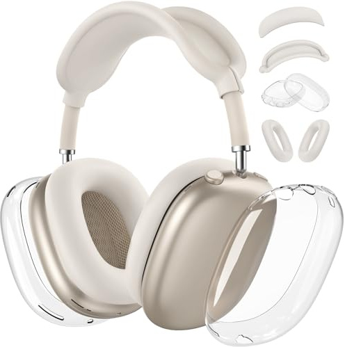 【4 in 1】Protective Kit for AirPods Max Case Cover, Clear TPU Ear Cups Cover + Silicone Ear Pads Case + Headband Covers, Transparent Silicone Accessories for Apple AirPods Max USB-C (2024/2020), Stone