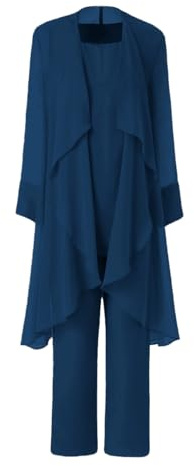 Women's Mother of The Bride Pant Suits 3 Pieces Chiffon Outfit Sets for Wedding Pant Suit with Jacket Navy