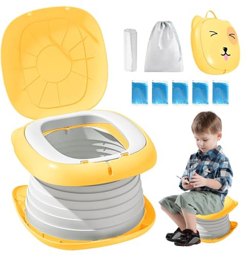 Asiento de inodoro, asiento de inodoro para niños y niñas, orinal plegable portátil, inodoro plegable, inodoro para viajes, orinal plegable, inodoro para bebés con bolsas de repuesto (verde) (amarillo