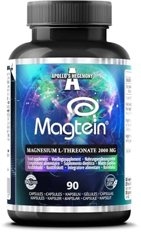Magtein® Magnesium L-treonat 144 mg per daglig dos - 90 vegankapslar - 30-dagars leverans - för stöd för kognitiv funktion - av Apollo's Hegemony