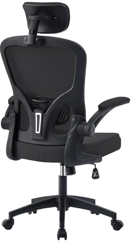 OWAY HOMELIVING Ergonomic Office Chair with Adjustable Lumbar Support & High-Back Mesh Desk Chair 150kg Capacity & 125° Recline & Flip-Up Armrests Home Office Chair (black)