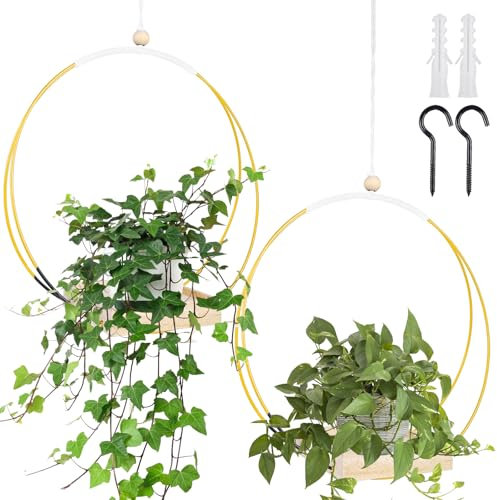 GOMETY 2 Stück Makramee Blumenampel mit Hölzernen Basis, H93cm Hängetopf mit Holzsockel Metallring und Aufhängeschlaufe für den Innenbereich, Hängende Pflanzgefäße für Wände und Decken (Gold)