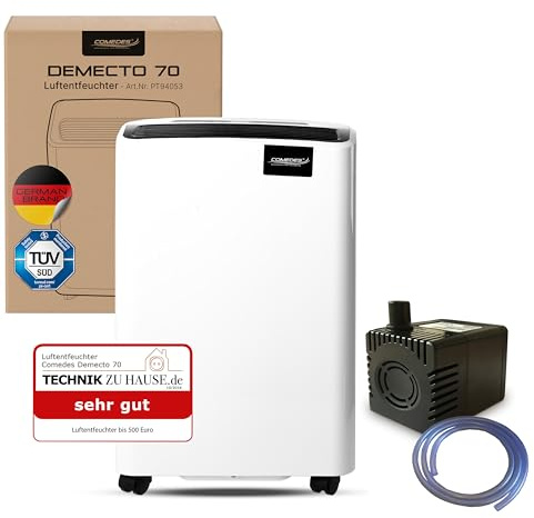 Comedes Demecto 70 avfuktare byggtork (75 l/24 h) & PowerDrain kondensatpump – lämplig för källare och stora rum upp till 240 m²/550 m³, med kontinuerlig drift och vattendränering, inkl. 3 m slang