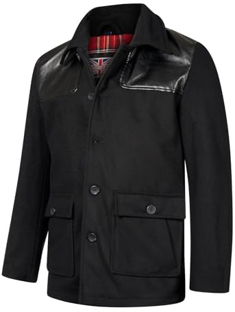 VINTIKA Donkey Jacket Mens Wool Smart Retro Coat with Tartan Lining and PVC Leather