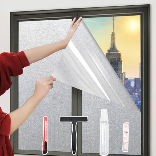 Heiwinner Frosted Glass Window Film with 4 Tools,Privacy Window Film with Ice-Crystal Effect and Reusable Design. Easy Installation Static Cling.Ideal for Home and Offices- Pure 17.5x78.7