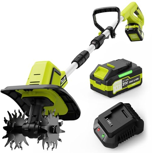 Grelawner 21V Cordless Tiller Cultivator, 400RPM Electric Rototiller with 48 Steel Tines, 4.0Ah Battery & Fast Charger, 8-inch Width 6-inch Depth Garden Tiller, Tiller for Gardening and Soil - Green