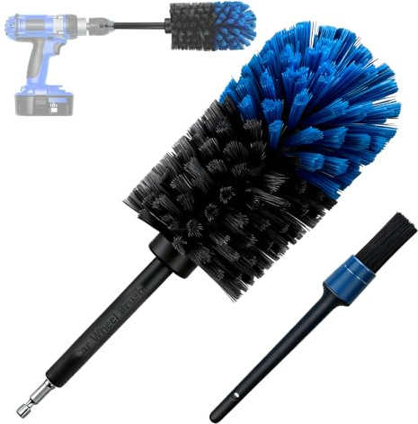 Brosse pour jantes pour visseuse sans fil, Contient une brosse pour jantes et un pinceau de détail de 22,6 cm, Nettoyage rapide des jantes de voiture, Durable et polyvalente comme brosse de nettoyage