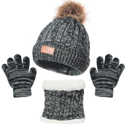 Conjunto Accesorios de Invierno 3 Piezas Niños Set, Conjunto de Bufanda Sombrero y Gorro Niño, Gorros con Pompon Lana Niño Braga Cuello Polar y Guantes de Punto Cálidos para Niñas y Niños