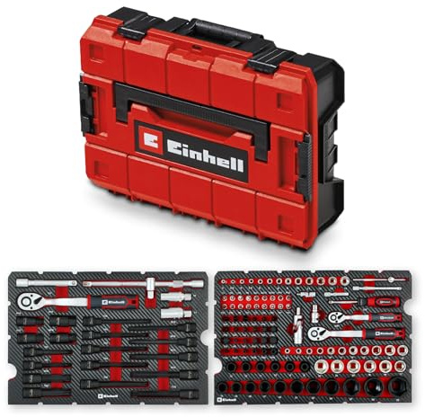 Original Einhell Mallette Outils automobile E-Case 121 pcs (professionnel automobile, douilles à choc, embouts spéciaux, douilles pour bougies d'allumage, cliquets réversibles, Système E-Case)