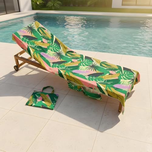 OHS Beach Towel in a Bag Sun Lounger, Soft Quick-Dry Absorbent Sun Bed Towel with Pockets Lightweight Large Beach Towels for Adults Holiday Essentials, 75 x 215cm - Green Palm Print