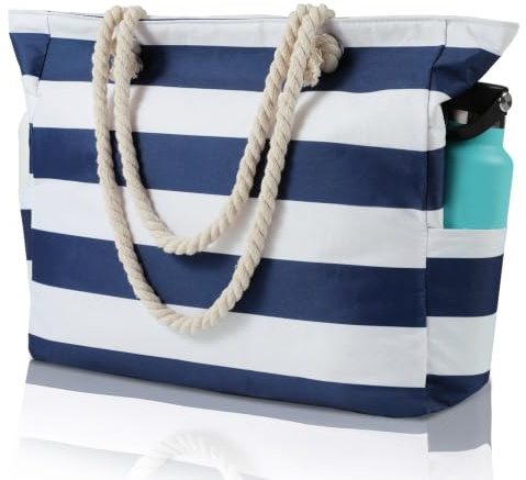 WORPICE Beach Bag, Large Zippered Bag | Adjustable Rope Handle, Durable Shoulder Bag for Travel, Gym, Shopping, Pool, Picnic Essentials