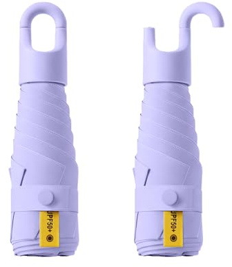 Mini Travel Folding Umbrella With Rotating Open&Close Ring Carabiner Handle for Women Kids - Micro Portable Umbrella Fits Pocket&Handbag,Small Compact,UV Protection,Anti Sun,Teflon,6 Ribs,Rain