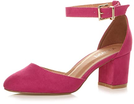 Ajvani Womens Ladies Low mid Block Heel Ankle Strap Court Shoes Sandals, 8 UK, Fuchsia Suede