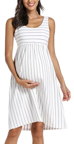 Ecavus Womens Maternity Tank Dress Stripe Color Block Sleeveless Knee Length for Baby Shower