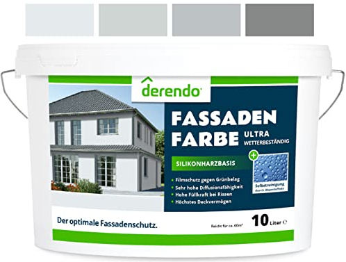 derendo Silikonharz Fassadenfarbe grau mit ULTRA Wetterschutz, 10l, Abperleffekt wie beim Lotus Blatt, inkl. Filmschutz gegen Grünbelag, (Lichtgrau 15-16)