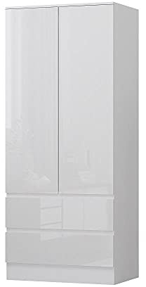 FWStyle White Gloss 2 Door 2 Drawer Combination Wardrobe with Matt White Frame, Modern Scandinavian No Handle Design, Soft Close Hinges, Hanging Rail, W80 x D50 x H181cm