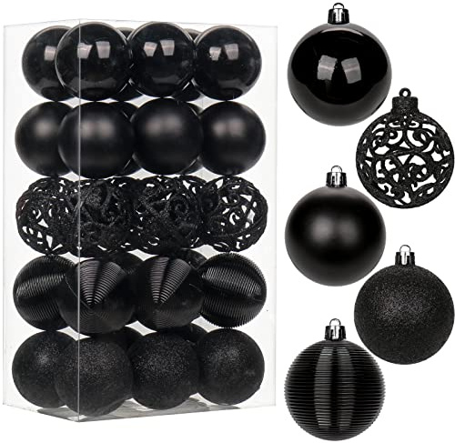 30 pcs Christmas Baubles Xmas Ball Ornaments with Strings, 60mm/2.4 Black Shatterproof Plastic Hanging Decorations, Christmas Tree Pendants for Home Party Wedding Holiday