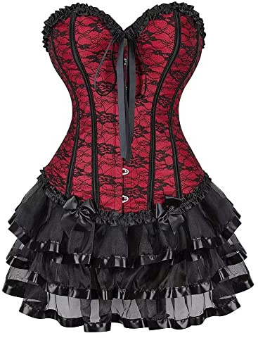 Jutrisujo Corset Femme Bustier Avec Jupe Robe Tulle Sexy Dentelle Floral Guêpière Lingerie Grande Taille Burlesque Rouge L