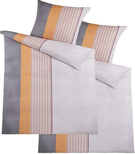 KH-Haushaltshandel 4-TLG. Seersucker Bettwäsche 2X 135x200 +80x80cm, grau Ocker Koralle weiß, Streifen, bügelfrei, Microfaser(W415450)