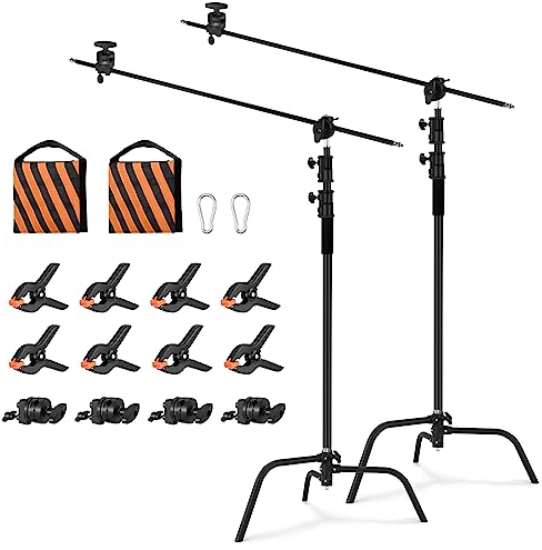 SOONPHO 2-Pack C Stand 100% Heavy-Duty Stahl C Stativ Lampentständer C-Ständer 330cm Edelstahl mit 130cm Galgen Kit,Grip Kopf,Sandsäcke und Clips für Godox AD200 Pro SK400II Aputure 120D(Schwarz)