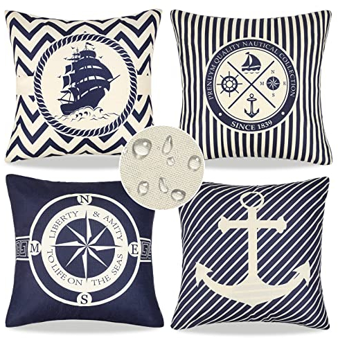 Wasserdichte Kissenhülle Für Den Außenbereich Kissenbezüge Blau Streifen 40x40cm Kissenhüllen 4 Stück Ozean Anker Segelboot Dekorativ Leinen Kissenbezug Für Garten Terrasse Vorbau Balkon Sofa Kissen