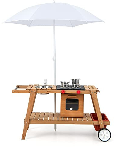 GOPLUS Cuisine d'Extérieur Evolutive en Bois avec Roues, Chariot de Cuisine d'Extérieur Enfants, Parasol, Four, Boîte de Rangement Amovible, Accessoires Inclus, Table Picnic pour Enfant 3+ Ans, Blanc