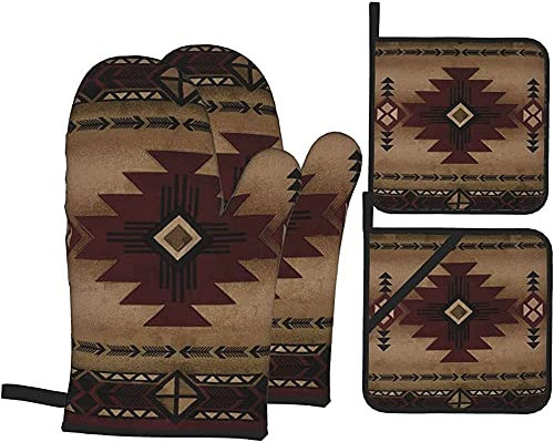 Vantar och grytlappar set vintage Navajo indianer aztekiskt mönster halkfria grytlappar värmebeständiga köksvantar för grill bakning kökstillbehör