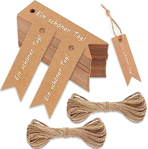100stk Kraftpapier-Anhänger Etiketten Kraftpapier, Geschenkanhänger Kraftpapier, Papieranhänger Beschriften Kraftpapier Tags mit 2 X 10M Jute Schnur für Hochzeit Ostern Geburtstag