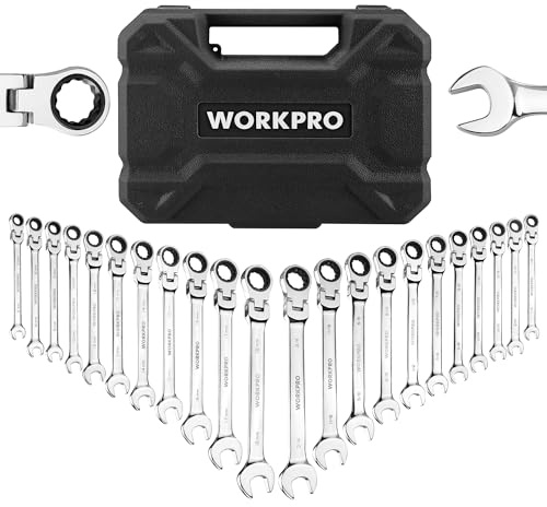 WORKPRO 22-Piece Ratcheting Wrench Set, Flex-Head Ratchet Combination Wrench Sets with Organizer Box, 72 Teeth, Metric 6-18mm & SAE 1/4-3/4