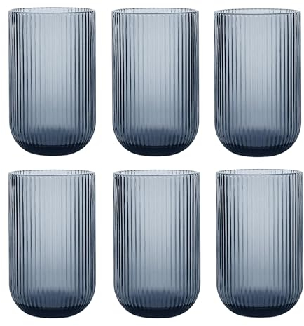 GMMH Set di 6 bicchieri da vino colorati vintage con goffratura (linea/blu/250 ml) per matrimonio, calici da spumante, caraffa, ciotola da dessert, calici in vetro, bicchiere da vino, acqua e spumante