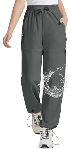 EXARUS Girls Hiking Pants Kids Quick Dry Waterproof Cargo Lightweight Athletic Summer Camp Joggers High Waisted Zip Pockets Grey 14Y