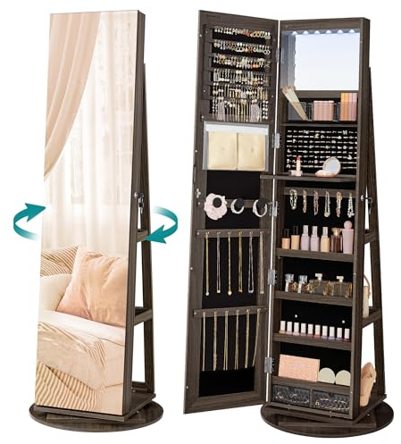 SONGMICS Schmuckschrank, Spiegelschrank, mit rahmenlosem Ganzkörperspiegel, 3 Ablagen, 360° drehbar, abschließbar, Oberfläche in Aschbraun, Innenfutter in Schwarz JJC007K02