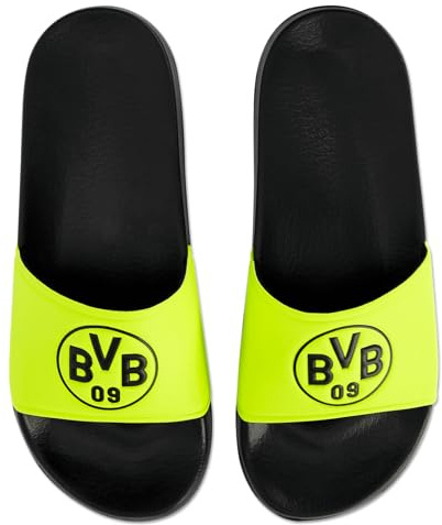 BVB Badeschlappen neon, Borussia Dortmund Badelatschen Schwarze Sohle, Emblem Gr. 39/40