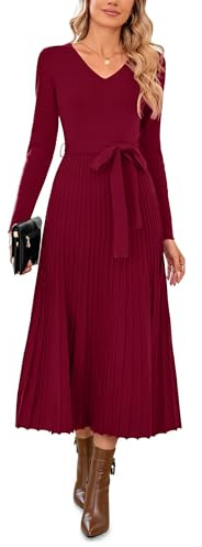 Arach&Cloz Robes Femme Longues Automne Tricotée Robe à Manches Longue Elégante Plissée Col V Jupe Midi Souple Hiver