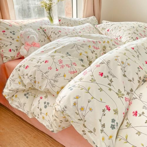 Nayoroom Bettwäsche 135x200 Baumwolle Blumen Rosa Blumenmuster Aesthetic Cute Blumig Bettbezug Set 2teilig Grün Blätter Mädchen Blumenwiese Deckenbezug Reißverschluss und Blümchen Kissenbezug 80x80