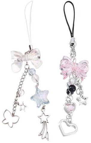 MYGLOAR 2 colgantes para teléfono móvil, diseño estético Y2K, diseño de mariposa, rosa, mariposa, estrella, accesorio para la mayoría de las fundas para teléfono móvil, llavero, decoración de cámara