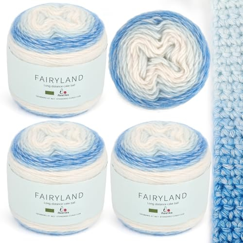 Aeelike Ombre Yarn Cake - 4x100g Gradient Cake Yarn for Crochet and Knitting - Soft Fluffy Cotton Acrylic Blend Ombre Wool Cakes for Crochet Star Blanket, Shawl, Scarf, Socks, Hat(Blue White Gradient)