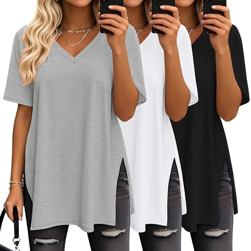 Huukeay 3 Pack Oversized Shirts for Women V Neck Workout T Shirt Casual Side Split Tee Short Sleeve Loose Tops Tunic Tops(Black, White, Gray,X-Large)