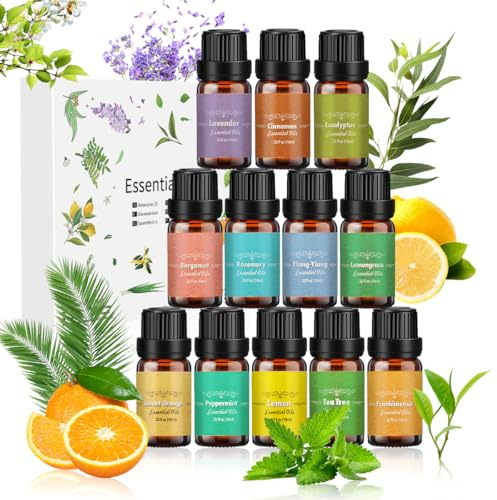 Ätherische Öle Set 12 x 10 ml, 100% naturreines Aromatherapie Duftöl Geschenkset für Diffuser, Luftbefeuchter, SPA, Seife & Kerzen - Rosmarin, Weihrauch, Ylang-Ylang, Bergamotte, Eukalyptus