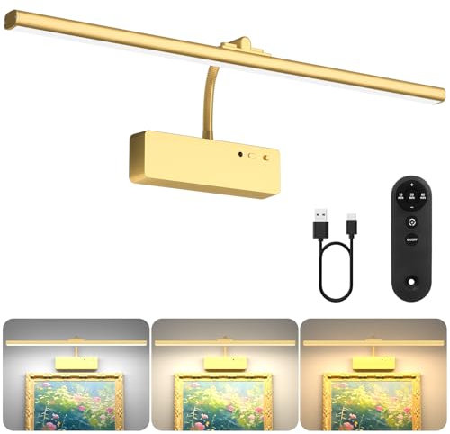 Lightbiz Picture Lights for Wall, 5400mAh Rechargeable Wall Lights with Remote, Dimmable and 3 Colour Temperatures Paintings Light Battery Operated, Art Display Lighting with Timer Function - Gold