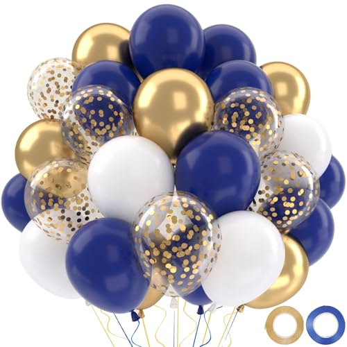 Palloncini Compleanno Blu, 52 Pezzi Palloncini Blu e Bianchi Dorati, Kitpalloncini Azzurri Oro Bianco Coriandoli Dorati Metallizzati Per Decorazioni Compleanno Matrimonio Baby Shower Battesimo Bambino