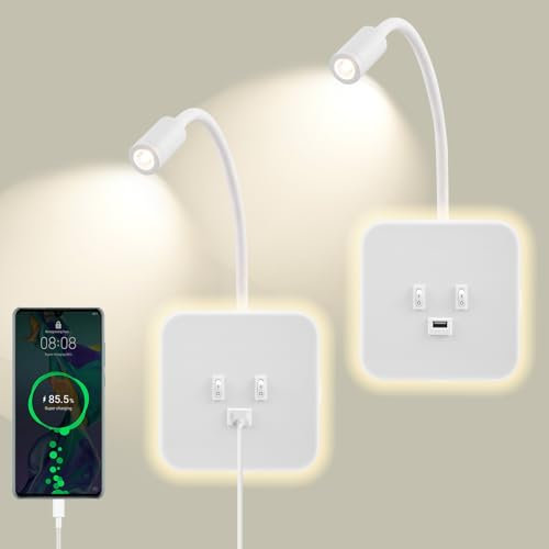 Lampe de Lecture Murale avec port de charge USB et Interrupteur indépendant, Applique murale LED Col de Cygne Flexible, Liseuse de Chevet pour Salon Chambre tête de lit Lecture(Blanco, 2 piezas)